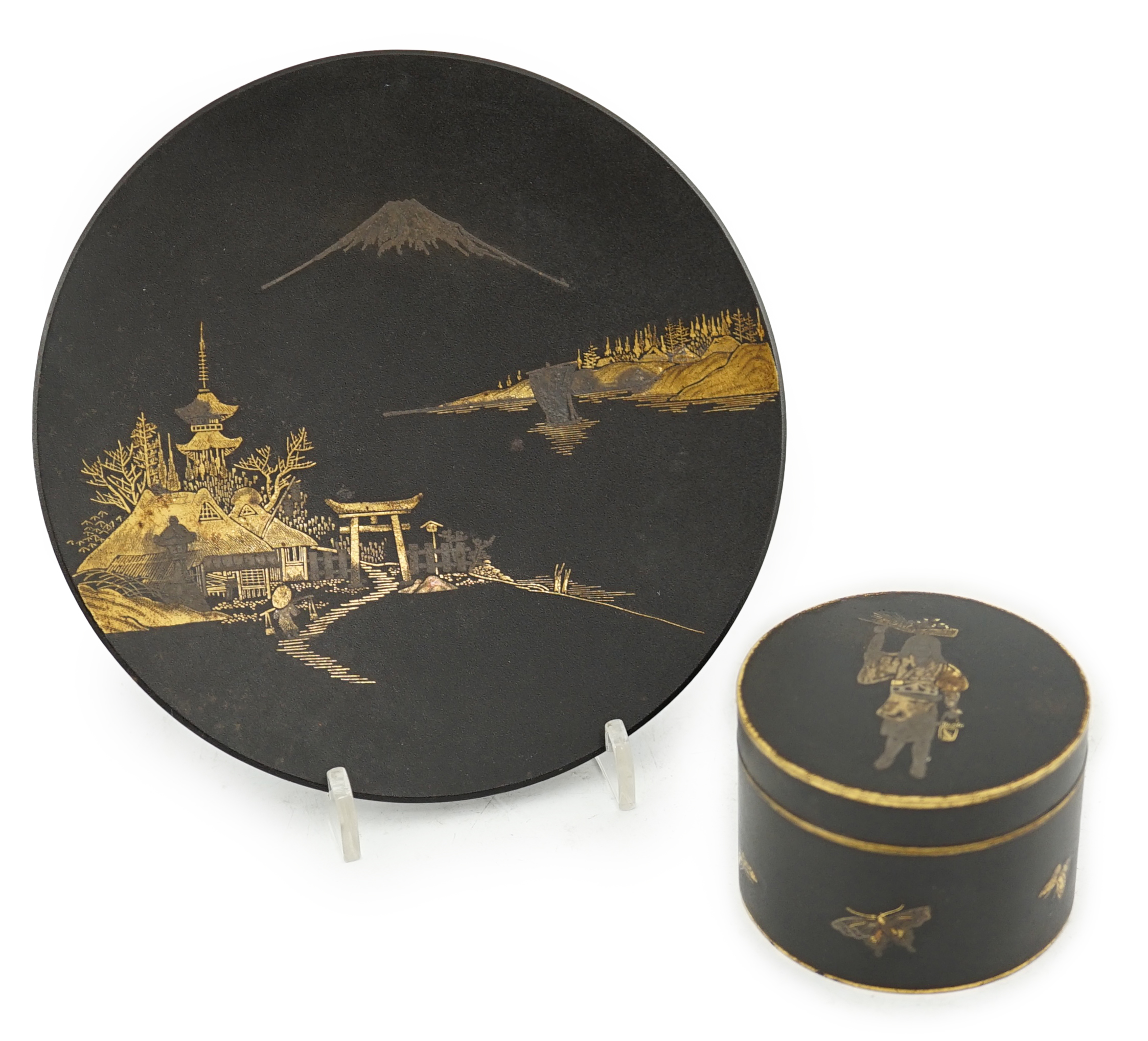 A Japanese damascened iron dish by Ohayo Shoten and a similar small circular box, by Komai Otojiro, early 20th century